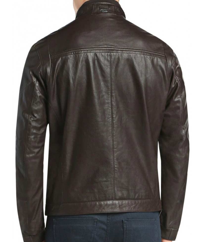 Men's Casual Stand Up Collar Dark Brown Leather Jacket